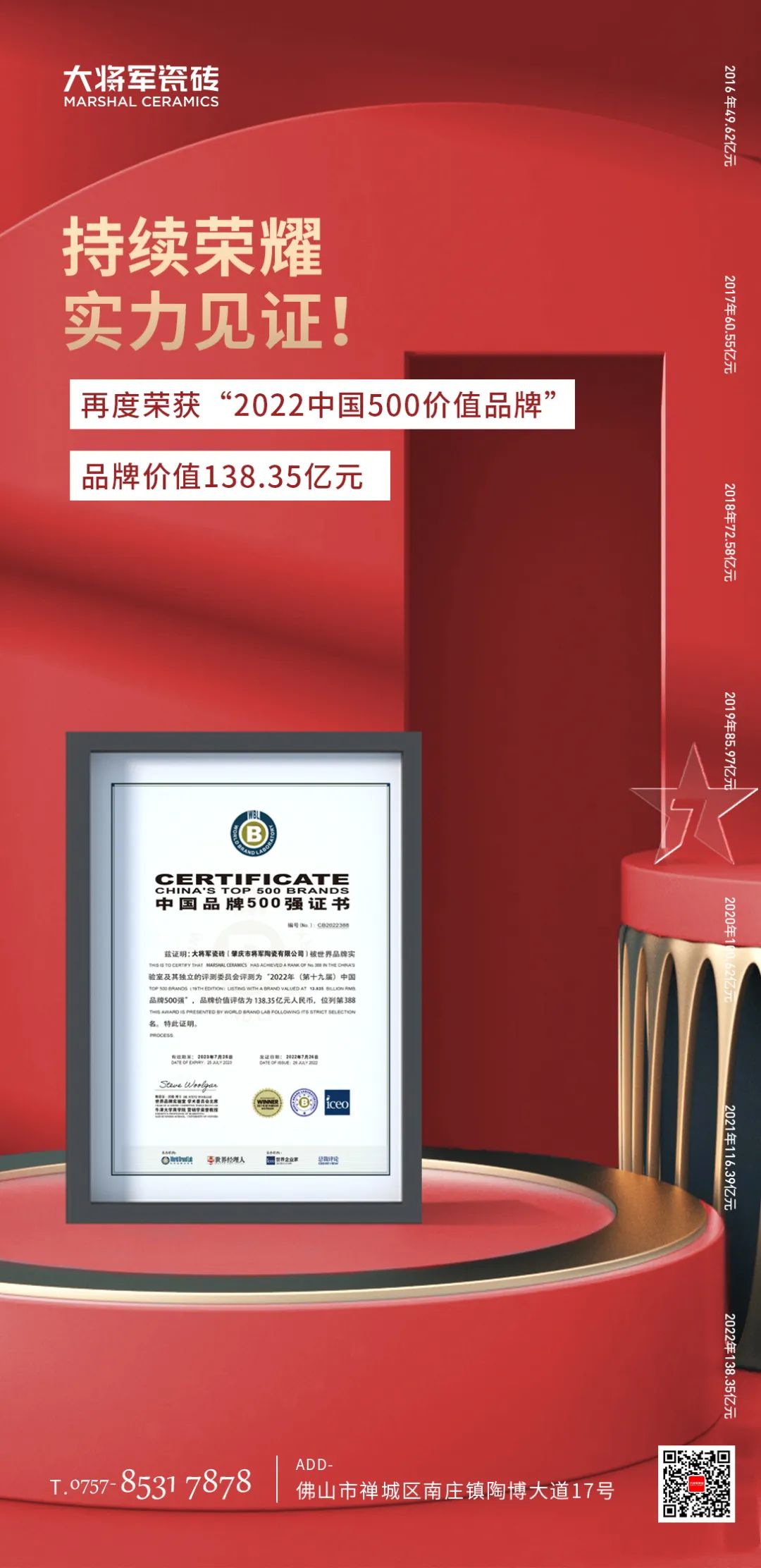 步履不停！138.35億元！大將軍瓷磚連續7年上榜中國500價(jià)值品牌！(圖3)